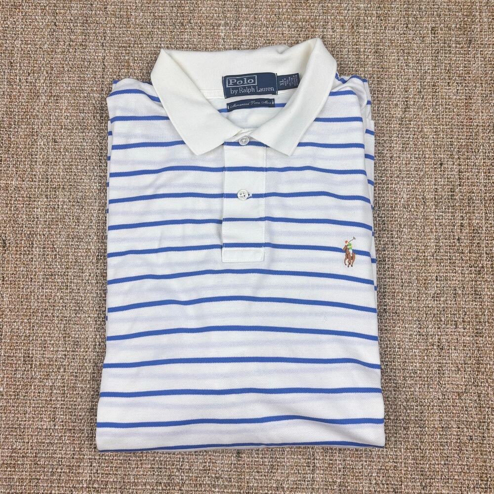 🐴 Polo Ralph Lauren Mercerized Pima Mesh Polo | Size XL | White Blue Stripe